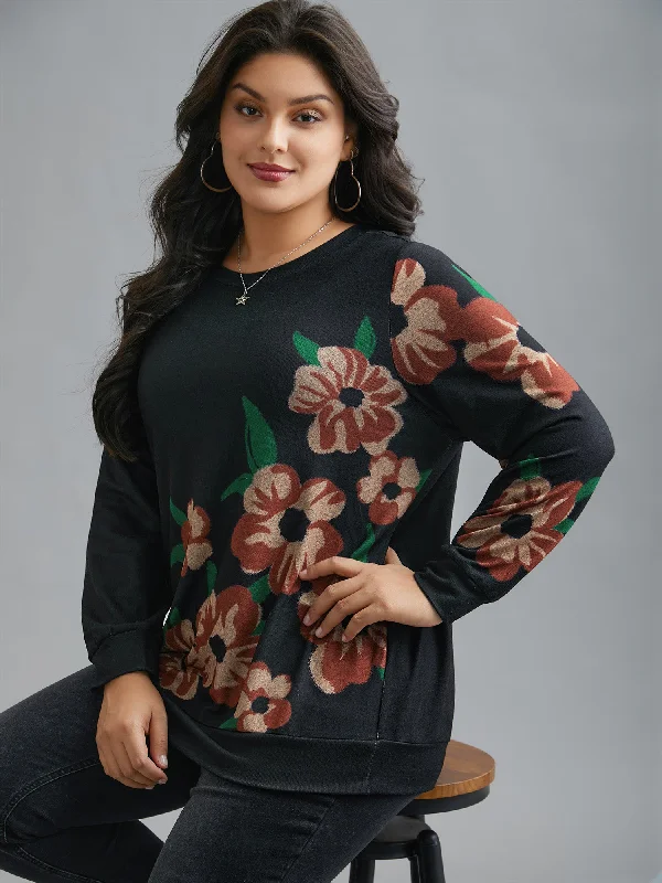 Round Neck Floral Print Fitted Sweatshirt