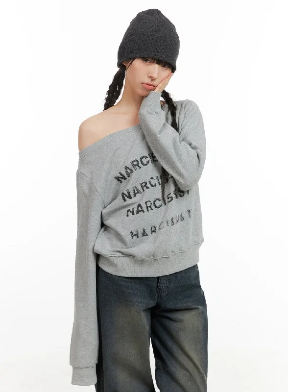 Cozy Lettering Off Shoulder Sweatshirt CG419