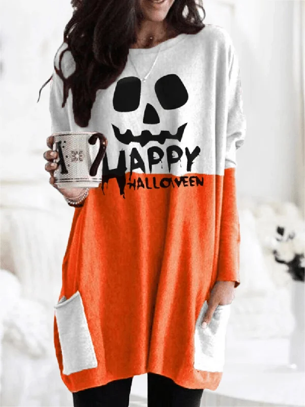 Women Halloween Patchwork Letter Printed Casual Mid-Length Sweatshirts with Pockets