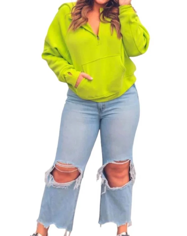 Kenna Hooded Quarter Zip Sweatshirt With Thumb Holes In Neon Green