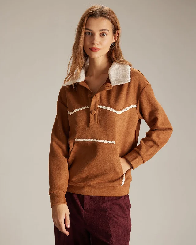 The Brown Lapel Button Suede Sweatshirt | Brown