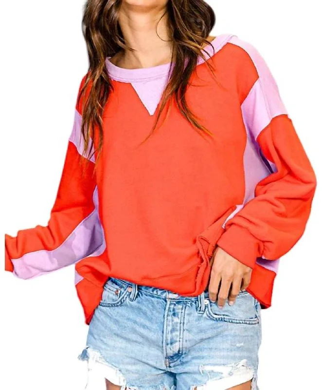 Contrast Color Block Sweatshirt In Red/lavender