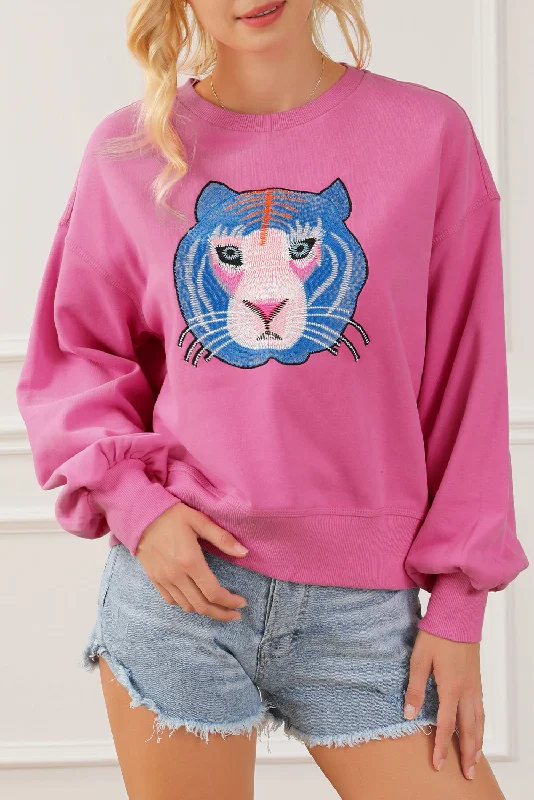 Chic Tiger Embroidered Casual Sweatshirt