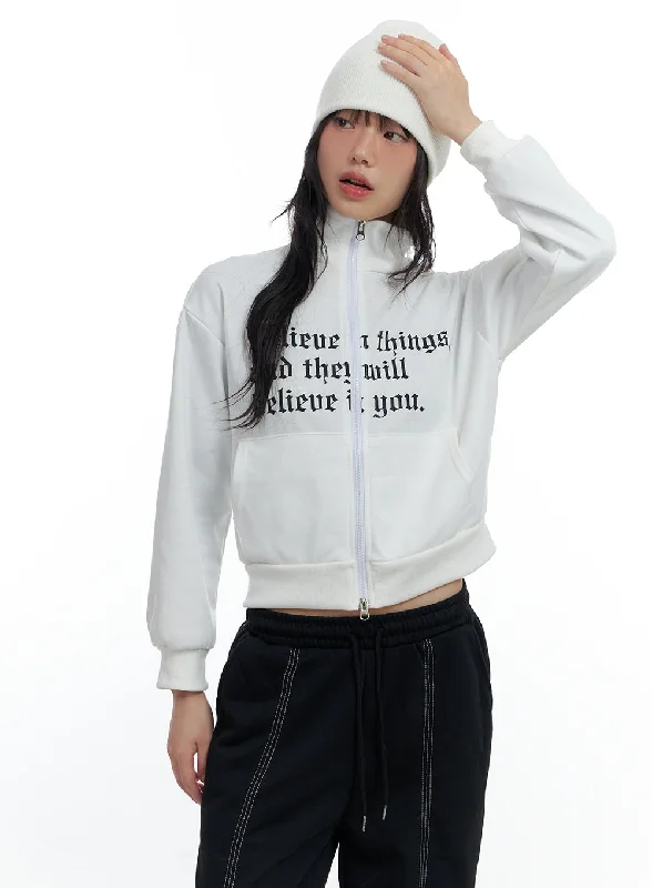 Zip-Up Cotton Lettered Sweatshirt CS420