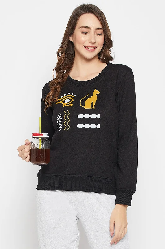 Black Cotton Graphic Print Sweatshirt