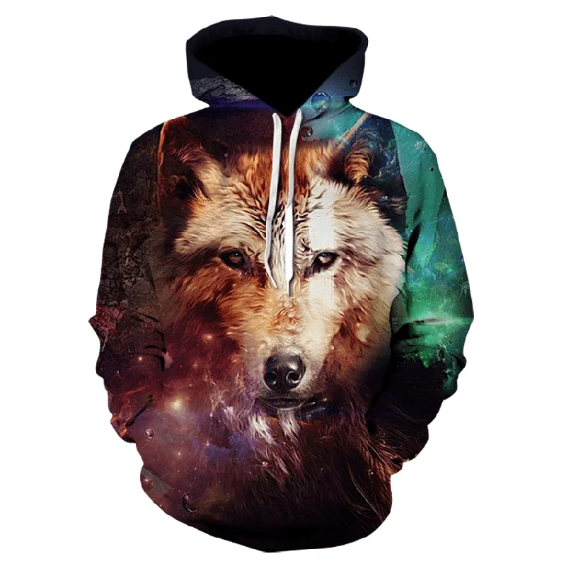 3D Colorful Wolf Print Hooded Pocket Sweatshirt