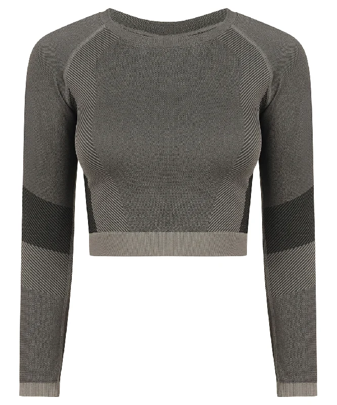 Light Grey/Black - Women's seamless panelled long sleeve crop top