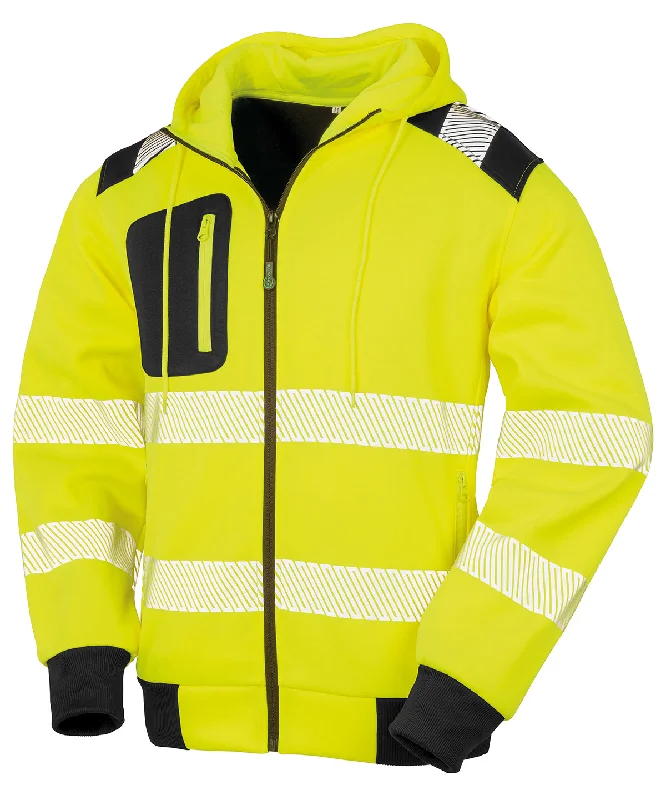 Fluorescent Yellow/Black - Recycled robust zipped safety hoodie