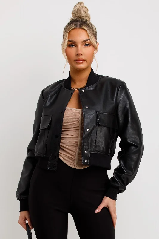 Black Faux Leather Bomber Jacket