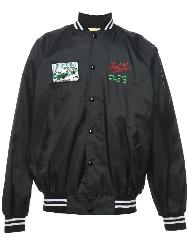 Embroidered Black Racing-Style Bomber Jacket - L