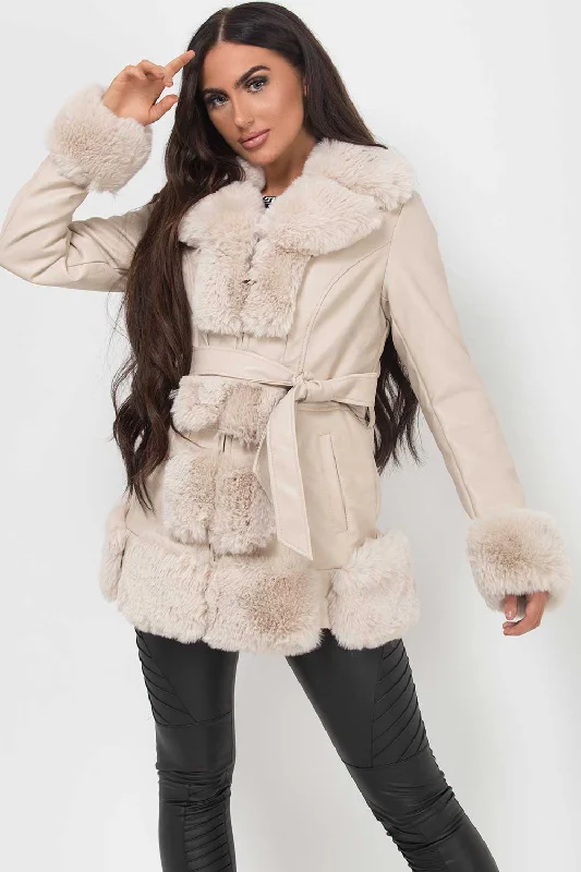 Faux Fur Trim Faux Leather Coat With Belt Beige