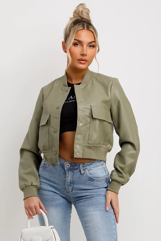 Faux Leather Bomber Jacket Khaki