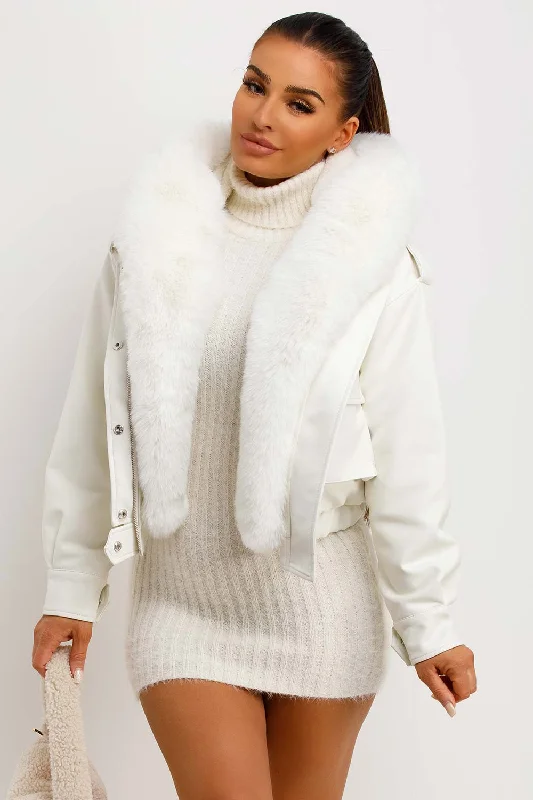 Faux Leather Bomber Jacket With Faux Fur Hood White