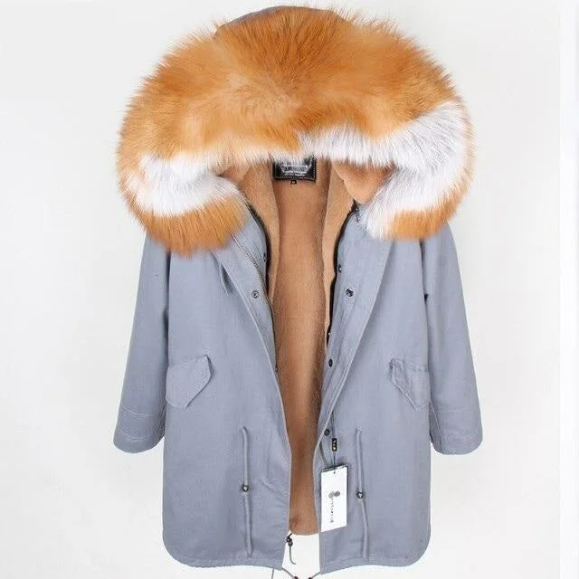 Fox Fur Leather Large Hooded Women's Long Detachable Lining Coats & Jackets