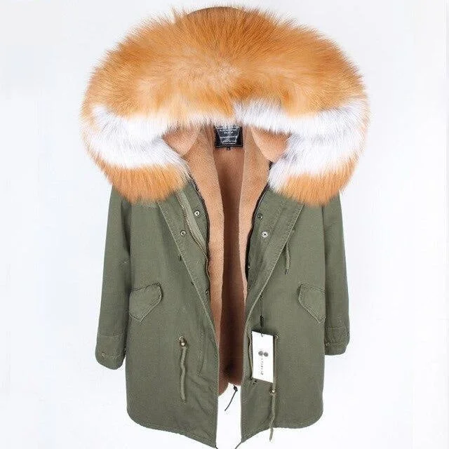 Large Women's Fox Fur Leather Hooded Long Detachable Lining Coats & Jackets