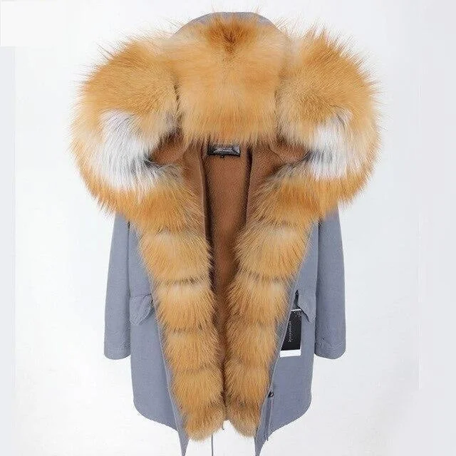 Large Women's Fox Fur Leather Hooded Slim Long Detachable Coats & Jackets