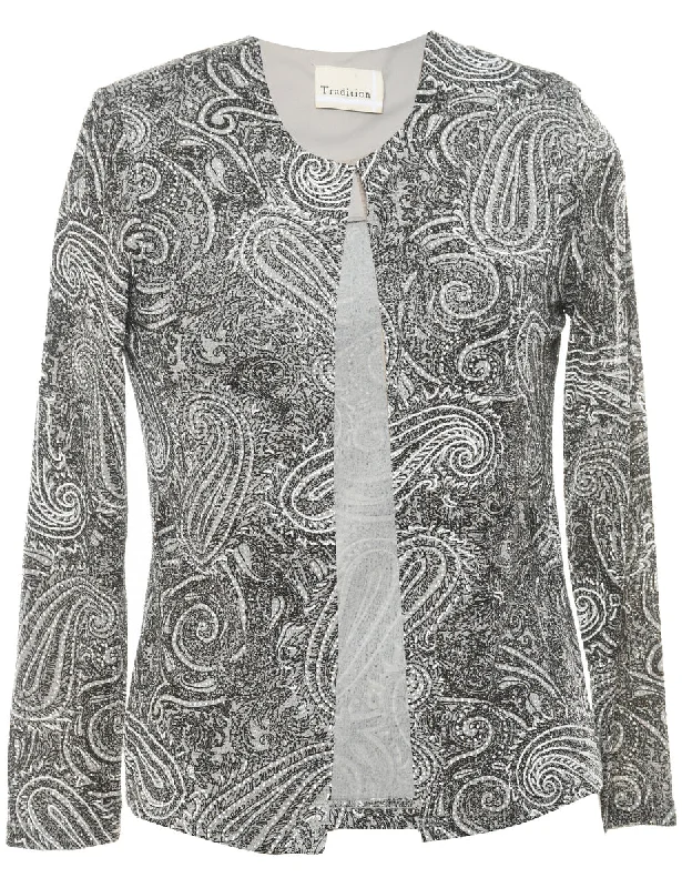 Paisley Pattern Black & Silver Sparkly Evening Jacket - M