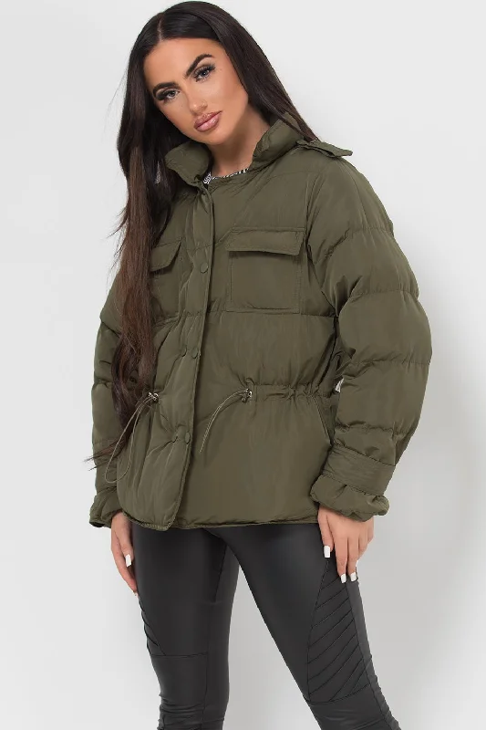 Puffer Jacket With Elasticated Drawstring Khaki