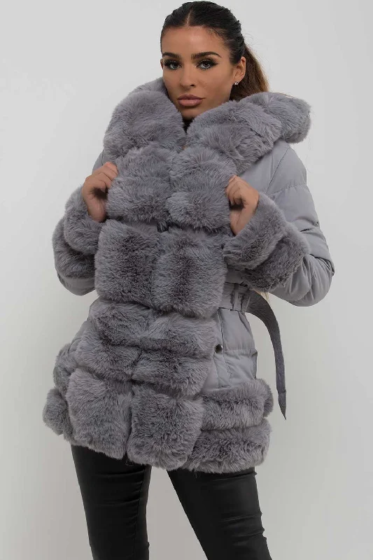 Puffer Jacket With Fur Hood Cuff And Trim Grey