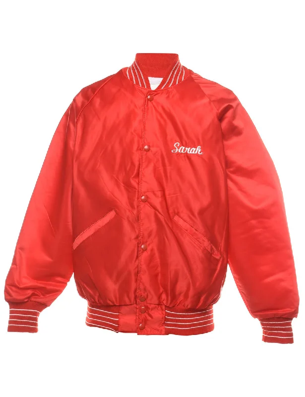 Red & White Embroidered 1985 Zip-Front Bomber Jacket - M