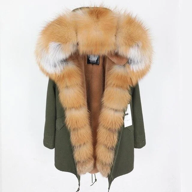 Women's Fox Fur Leather Hooded Long Detachable Zip Large Coats & Jackets