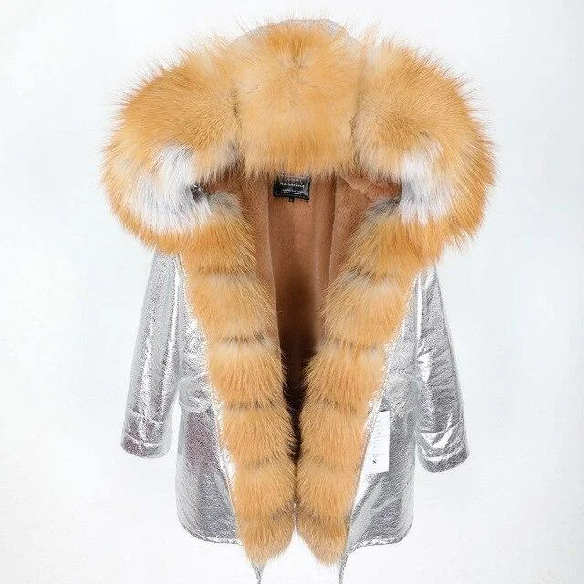 Women's Fox Fur Leather Large Hooded Long Detachable Slim Coats & Jackets