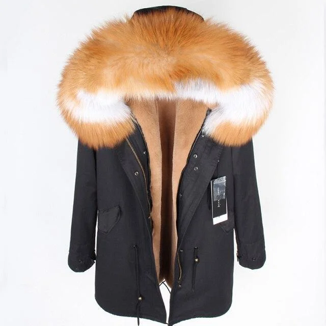 Women's Large Fox Fur Leather Hooded Long Detachable Lining Coats & Jackets