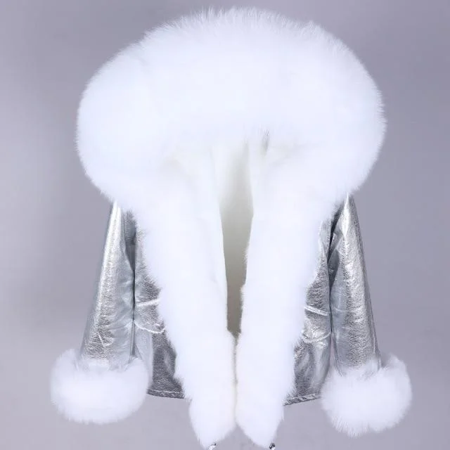 Women's Natural Raccoon Real Fox Fur Hood Winter Warm Short Coats & Jackets