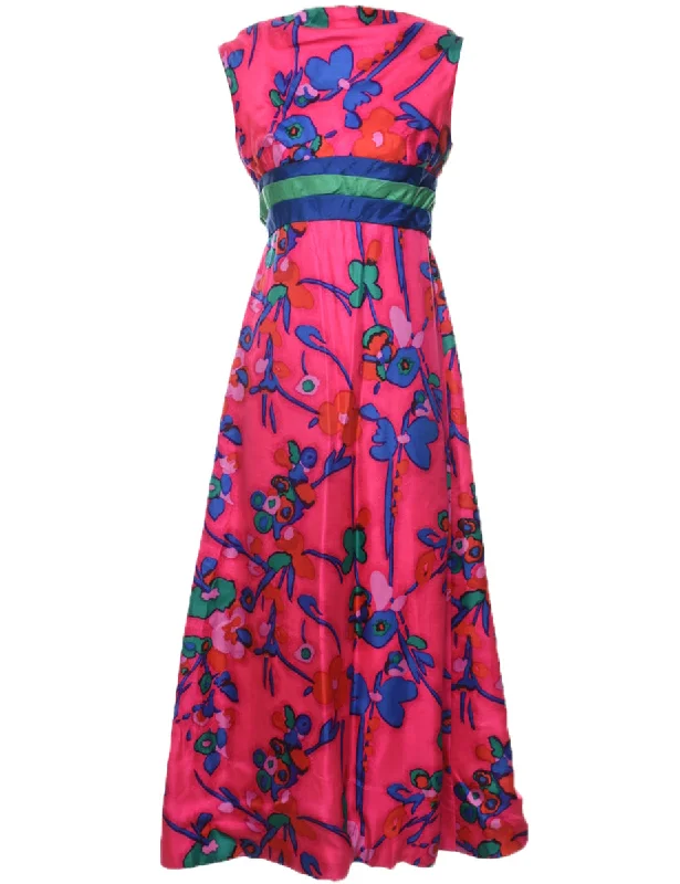 Floral Print Hot Pink 1970s Maxi Dress - S