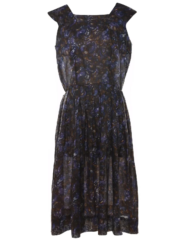 Floral Print Navy & Brown Pleated Vintage Dress - M