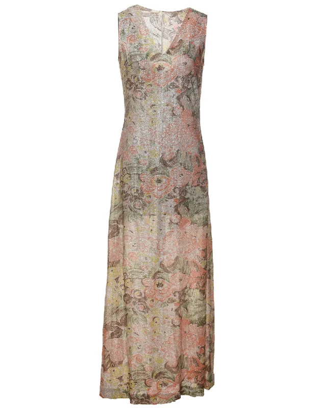 Floral Print Sparkly Sleeveless Evening Dress - L