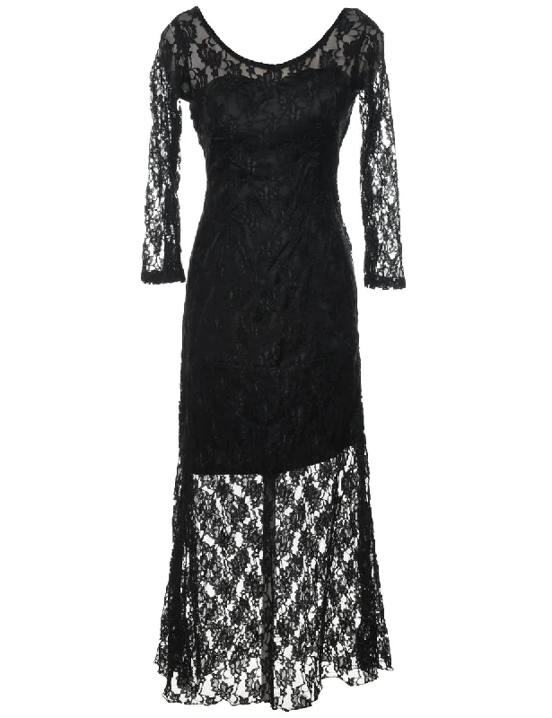 Lace 1990s Black Backless Evening Dress - S