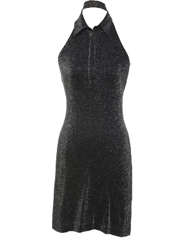 Lurex Thread Pattern Black & Silver Sparkly Evening Dress - XS