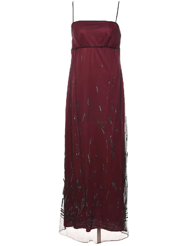 Maroon & Black Sparkly 1990s Evening Dress - M