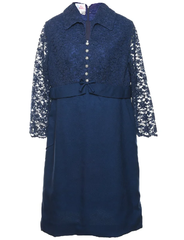 Navy Lace Shift Dress - L