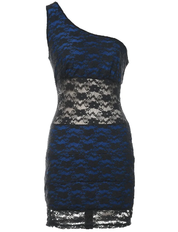 One Shouldered Black & Blue Contrast Lined Evening Dress - S