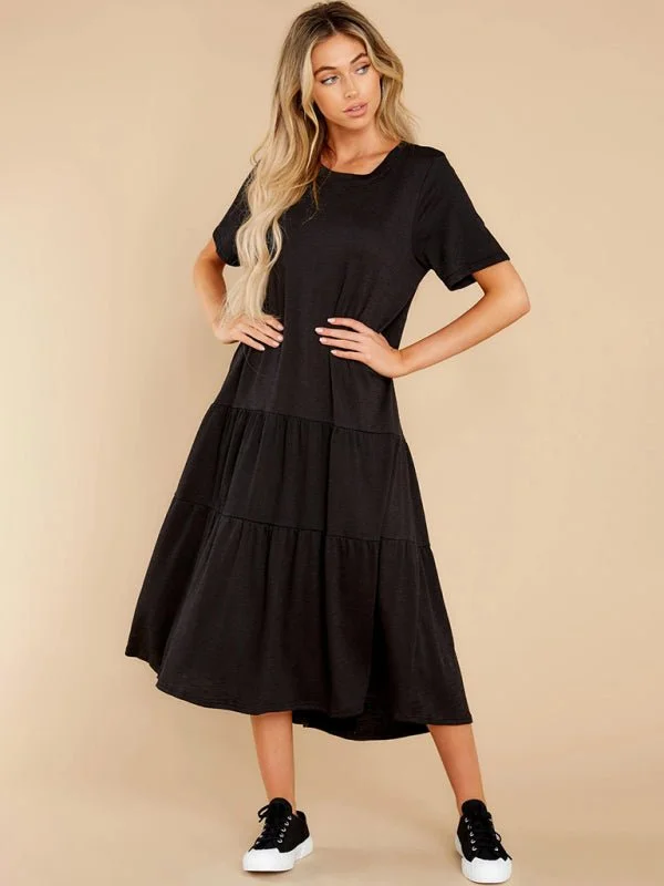 Women's solid color casual comfortable loose short-sleeved long dress