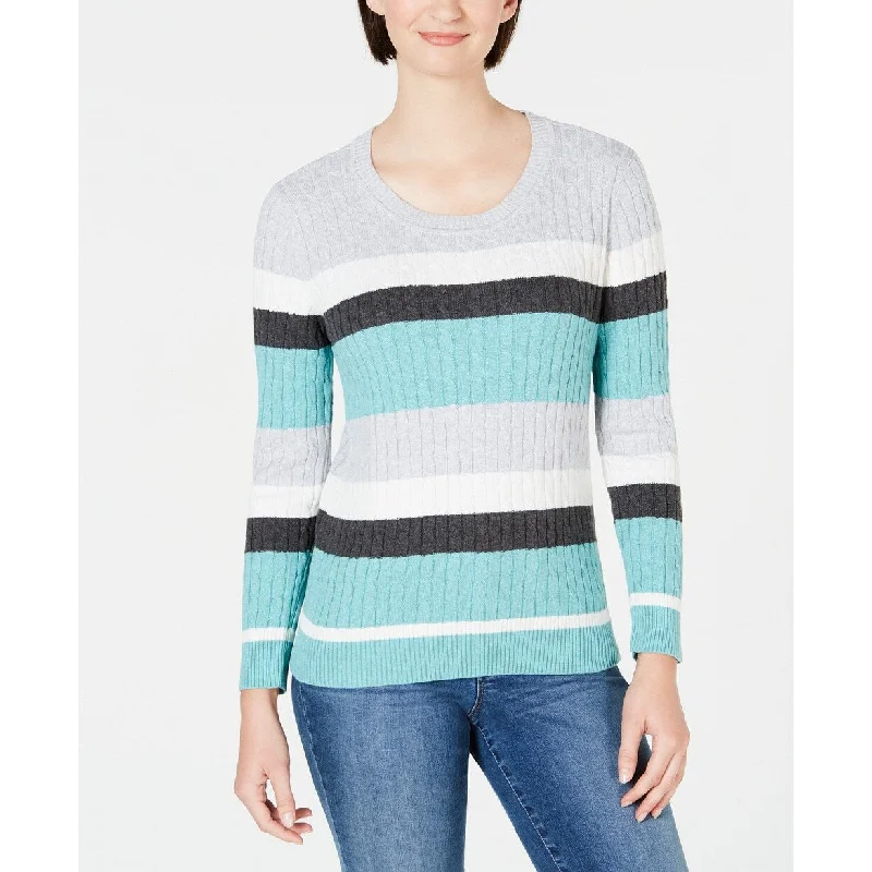 Karen Scott Women's Veronica Striped Cotton Cable Sweater Blue Size Small