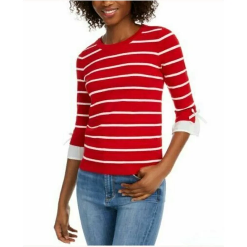 Maison Jules Women's Striped Bow-Trim Sweater Bright Red Size Extra Small - X-Small