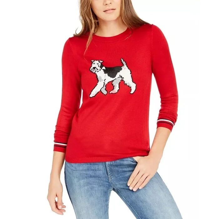 Tommy Hilfiger Women's Holiday Terrier Sweater Medium Red Size Extra Small