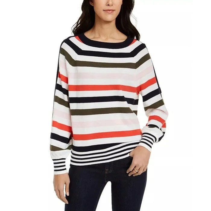 Tommy Hilfiger Women's Striped Balloon-Sleeve Sweater White Size Medium