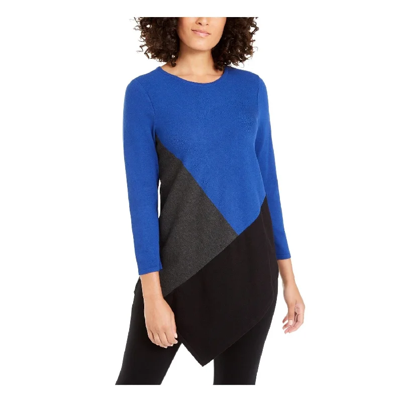 Alfani Women's Color Block Jewel Neck Hi-Lo Sweater Blue Size Small