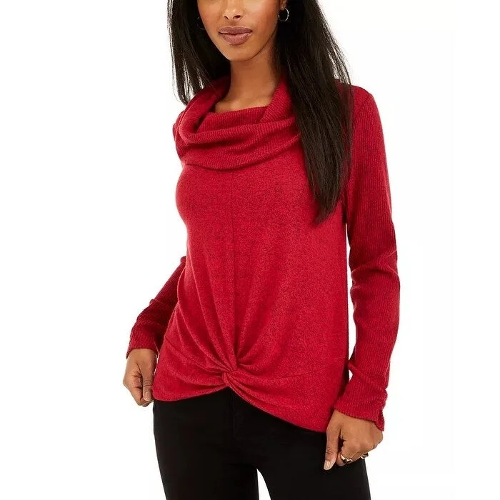 BCX Junior's Textured Cowlneck Twist Front Sweater Red Size Small