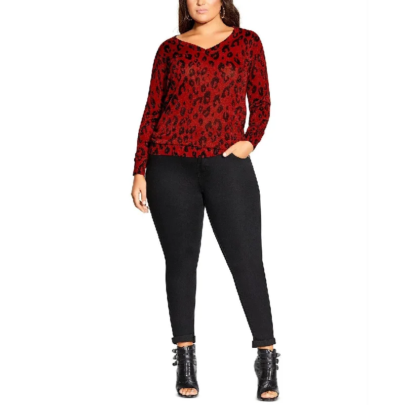 City Chic Women's Trendy Leopard-Print Sweater Bright Red Size 18W