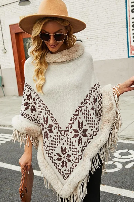 FUR COLLAR BEADED TASSEL HEM SWEATER SHAWL