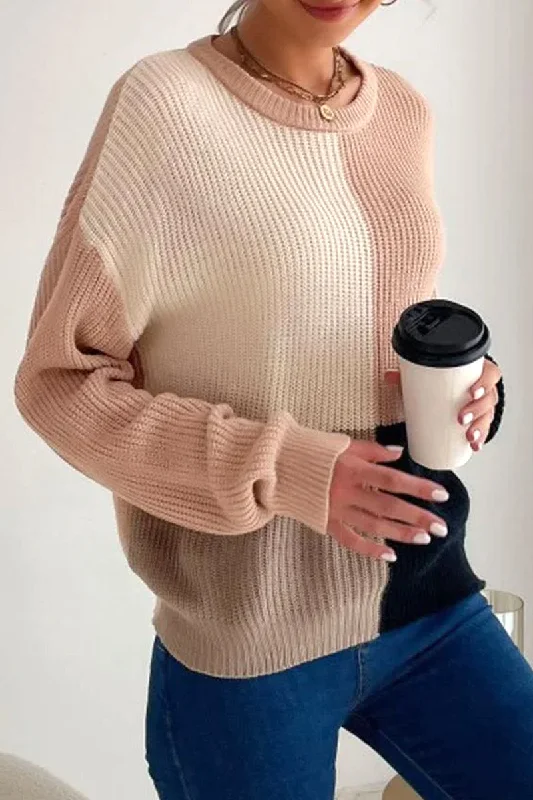 KNITTED COLOR BLOCK SIMPLE CASUAL SWEATER