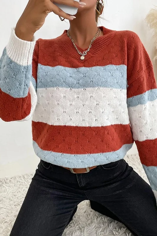 PATTERN KNIT STRIPE CASUAL SWEATER TOP