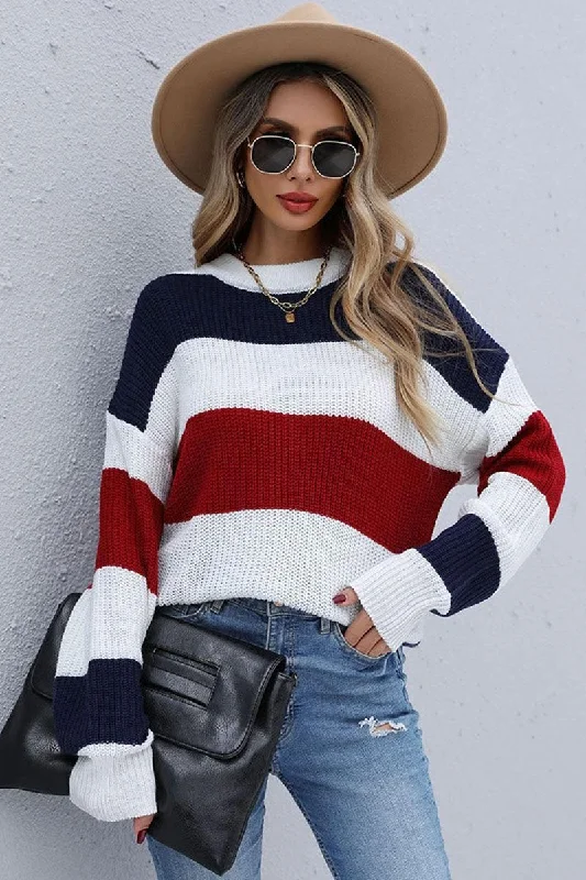 LONG SLEEVE BIG STRIPE ROUND NECK SWEATER