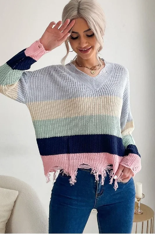 DISTRESSED HEM COLOR BLOCK KNIT SWEATER