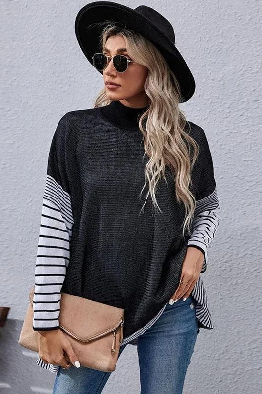 STRIPED SLEEVE HIGH NECK LOOSE FIT CASUAL SWEATER